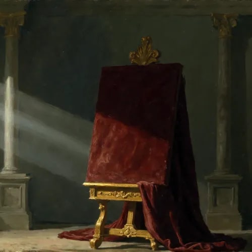 The image shows a painting of an art piece with a red cloth, possibly made into a curtain or a tableau, set up against a dimly lit room. The artwork is displayed under golden columns, adding a sense of grandeur to the scene. The painting appears to be a part of a collection that sold for 0.16£ on eBay and 1.25£ at eBay Marketplace in London, UK.
