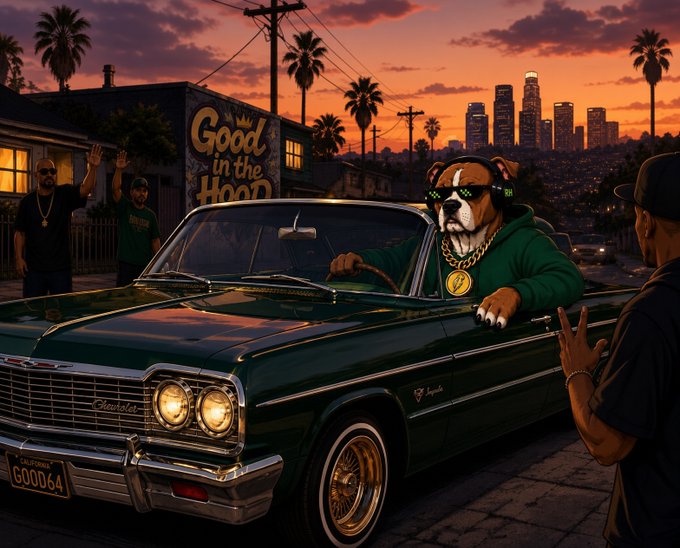 An AI-generated illustration of a boxer dog wearing a green hoodie, gold chain, and sunglasses, leaning against a classic green Impala car in a stylized 'Good in the Hood' LA street scene with the city skyline at sunset.