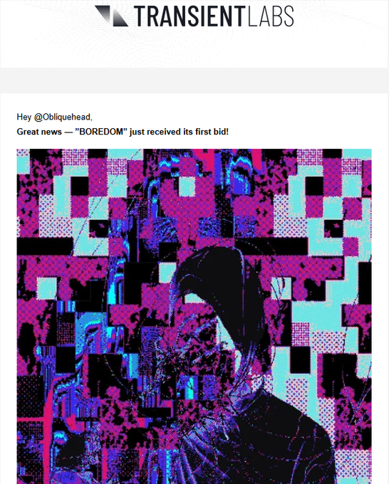 A social media post from TRANSIENT LABS announcing 'Great news — "BOREDOM" just received its first bid!', featuring a glitchy, pixelated digital artwork in pink, cyan, and black.