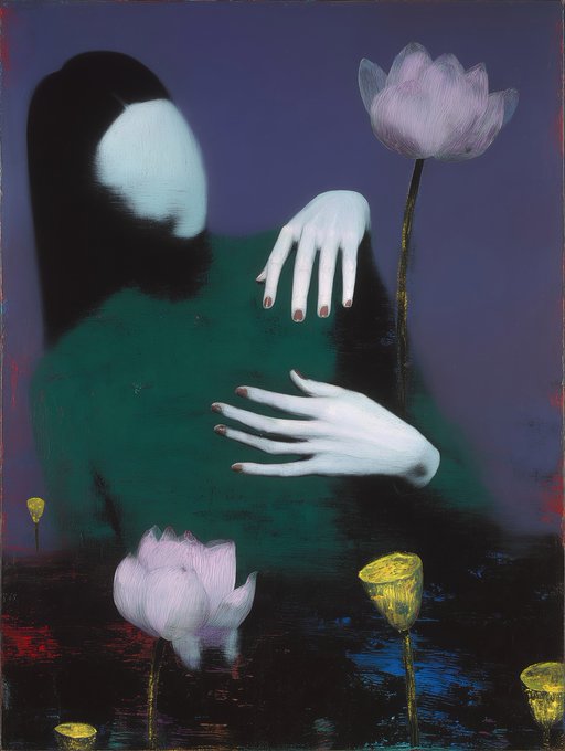 A surreal painting depicts a figure with long black hair holding flowers, with prominent white hands and a green garment against a dark purple background.