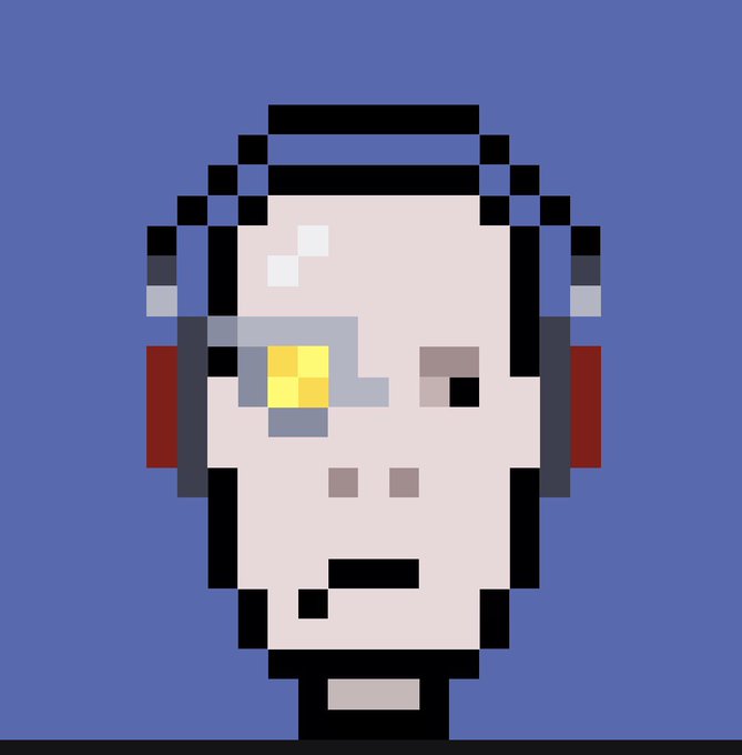 A pixel art cyborg or robotic character with a pale face, a glowing yellow left eye, and mechanical components on its head, set against a blue background.