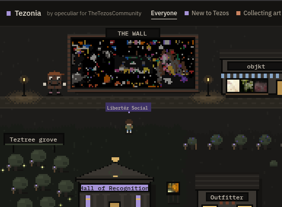 A pixel art scene from the Tezosia NFT collection shows a dark environment with a pixelated mural titled 'THE WALL', along with buildings labeled 'Liberté& Social', 'Teztree grove', 'Hall of Recognition', and 'Outfitter'.