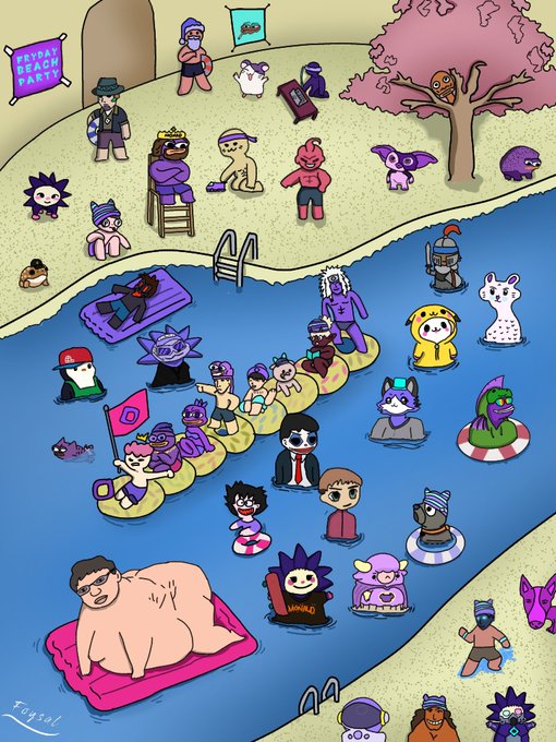A colorful digital illustration depicting various cartoon characters at a "FRYDAY BEACH PARTY," with people relaxing on floats in the water and others lounging on the sandy shore near a pink cherry blossom tree.