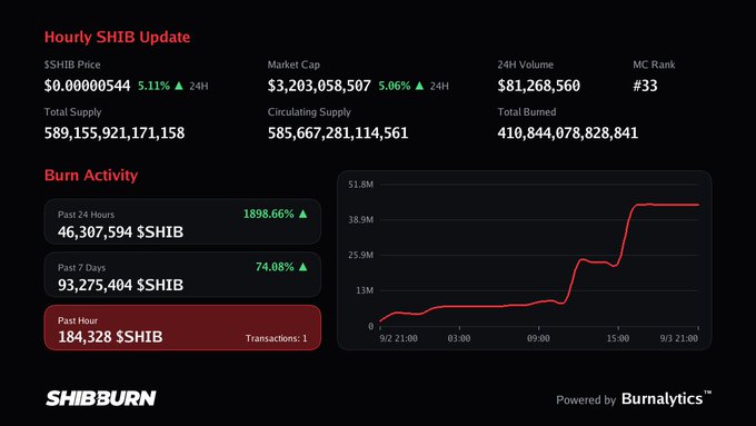 A SHIBburn dashboard showing an hourly SHIB update with a market cap of $3,203,058,507 (up 5.06%) and burn activity data displaying 46,307,594 $SHIB burned in the past 24 hours.