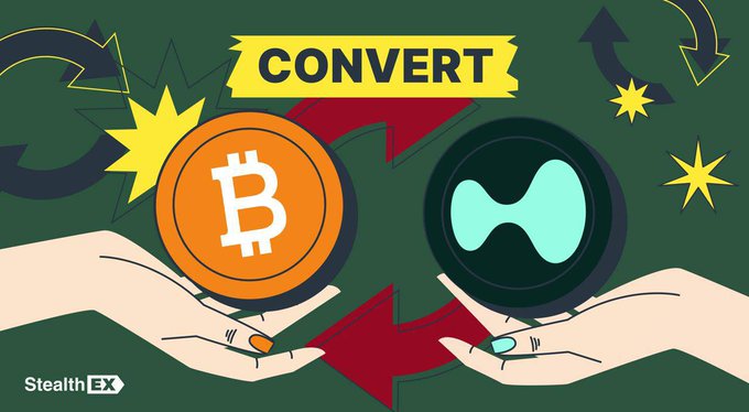 A colorful crypto illustration labeled “CONVERT” shows hands holding Bitcoin and another token, with arrows, stars, and a “StealthEX” logo.