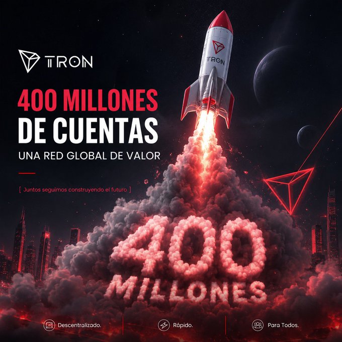 A promotional graphic for TRON cryptocurrency celebrating 400 million accounts, featuring a rocket launching from a futuristic cityscape with the text '400 MILLONES DE CUENTAS - UNA RED GLOBAL DE VALOR' and features labeled 'Descentralizado.', 'Rápido.', and 'Para Todos.'