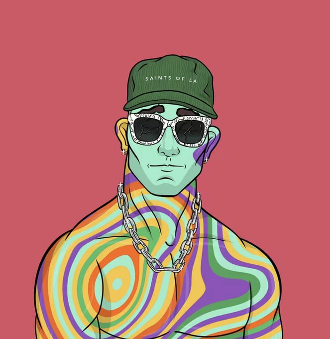A stylized digital illustration features a green-skinned figure wearing a green "SAINTS OF LA" cap, patterned sunglasses, and a silver chain, with a body covered in vibrant swirls of orange, purple, green, and yellow against a pink background. The artwork visually represents the Saints of LA NFT collection referenced in the caption, capturing the psychedelic and edgy aesthetic of the project.
