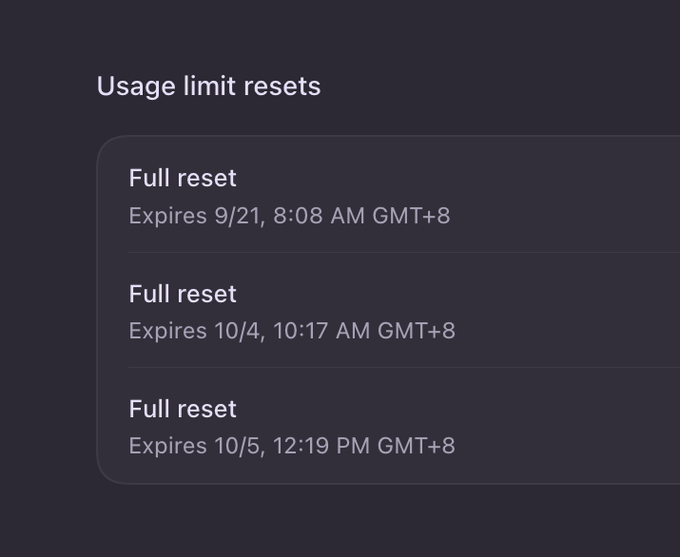 A dark settings page titled 'Usage limit resets' displaying three 'Full reset' expiration dates: 9/21, 10/4, and 10/5 in GMT+8.