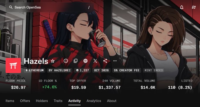 OpenSea NFT collection page for 'Hazels' by hazelsrei on Ethereum, showing floor price $26.97 (+74.6%), top offer $19.59, 24H volume $1,337.57, total volume $14.6K, with 110 items listed (8.2%).