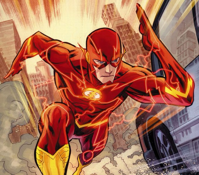 An illustration of The Flash superhero in his classic red costume with yellow lightning bolts, running at super speed through a cityscape with buildings in the background.