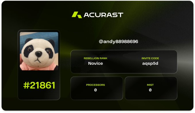 The image displays an Acurast user dashboard for participant #21861 with the username "@andy88988696," showing a "Novice" rebellion rank, invite code "aqsp5d," and zero processors and mist accumulated. The post discusses XHunt and the Acurast × EchoHunt event, suggesting this profile represents the user's progress or account status in the activity.