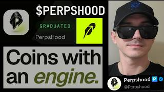 A promotional graphic featuring a man in sunglasses and a black cap, with text reading "$PERPSHOOD GRADUATED PerpsHood", "Coins with an engine", and "PerpsHood @PerpsHood".