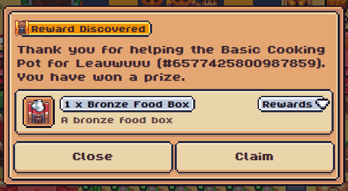 A game pop-up window titled 'Reward Discovered' thanking the player for helping 'Basic Cooking Pot for Leauuuuu' and awarding a '1 x Bronze Food Box.'
