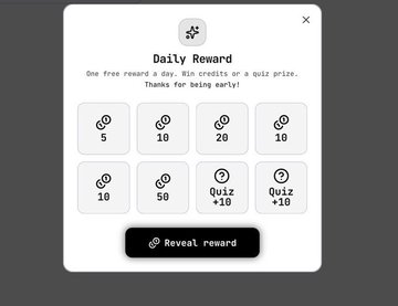 A "Daily Reward" popup offers free credits ranging from 5 to 50 per reward, along with quiz options worth less than 10 credits each, with a "Reveal Reward" button at the bottom. This aligns with the post's description of completing weekly tasks across three airdrop platforms (GenLayer, Orbinum, and a third), where users earn rewards through testnet interactions and activities.