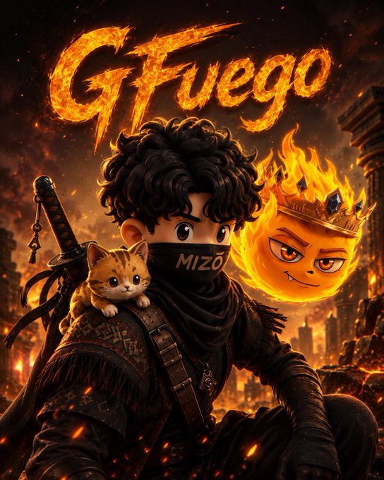 Digital art featuring a ninja character wearing a mask that says "MIZŌ", with a cat on his shoulder and a flame-headed figure next to him, under the fiery text "GT Fuego".