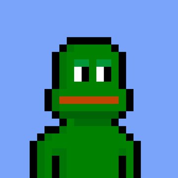 A simple pixel art drawing of a green character with a black outline, white and black eyes, and a red mouth against a solid blue background.