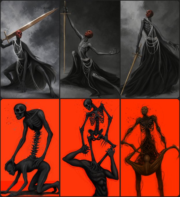 A six-panel illustration depicts dark, skeletal, and cloaked figures in dramatic poses wielding swords, set against gray and red backgrounds.