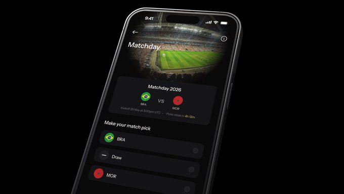 A sleek smartphone displays the KAST "Matchday" app interface featuring a football match between BRA and MOR, with options to pick BRA, Draw, or MOR as predictions. The dark-themed screen highlights the kickoff time (20 May, 8:00 pm UTC) and stadium info, directly showcasing the prediction-picking experience promoted in the post where users can win cashback and a trip to the final by making correct match predictions.