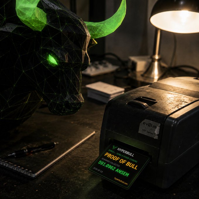 A low-poly, glowing green bull mascot looms over a card printer dispensing a "Hyperbull" proof-of-bull card showing a balance of 591.0962 AN$EM, visually reinforcing the post's message that the machine is constantly minting new bull-themed crypto cards.