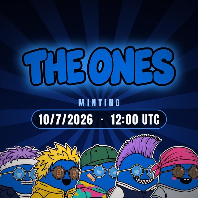 A promotional graphic for "THE ONES" NFT minting on 10/7/2026 at 12:00 UTC, featuring five cartoon blue characters with different hairstyles.