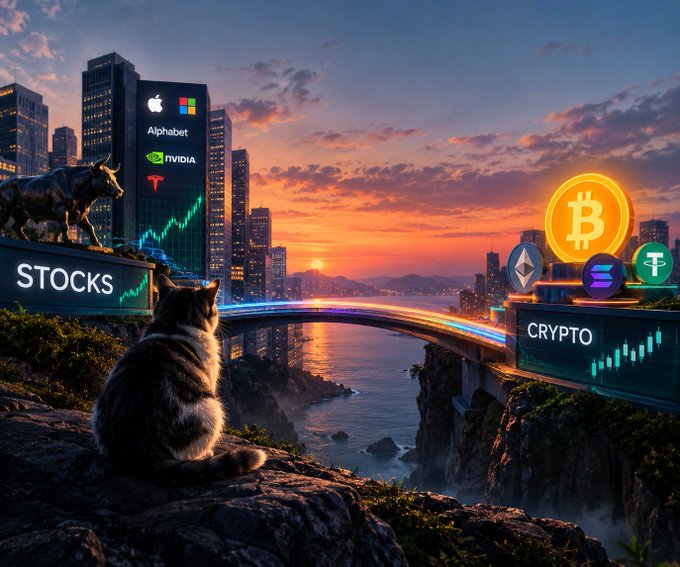 A digital collage depicting a sunset over a cityscape and ocean, contrasting a 'STOCKS' billboard featuring Apple, Alphabet, and NVIDIA logos on the left with a 'CRYPTO' billboard showing Bitcoin, Ethereum, Solana, and Tether logos on the right, with a cat watching in the foreground.