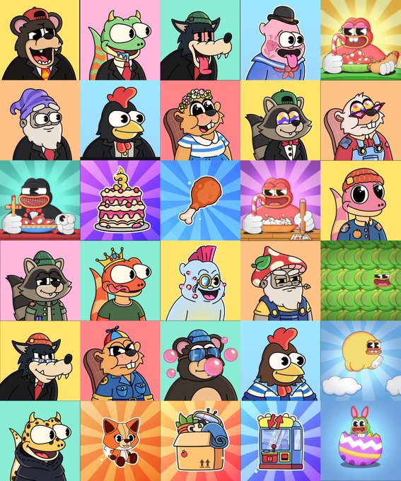 A grid of cartoon animal character illustrations, primarily featuring bears, wolves, chickens, and other animals in various outfits and expressions with colorful backgrounds.