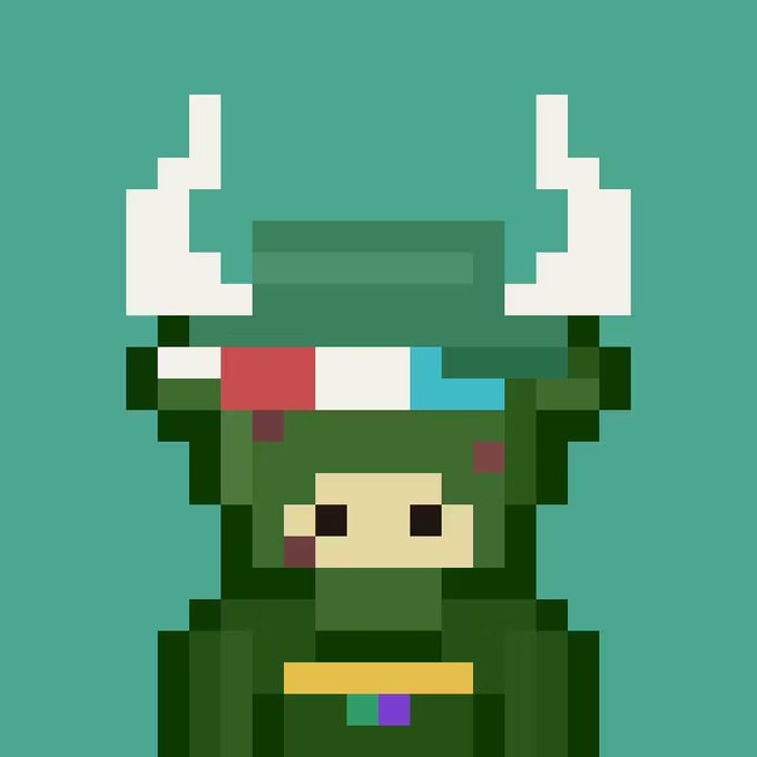 A pixel art image shows a character wearing a green dinosaur costume with white horns and a multicolored hat, set against a teal background. The image appears to accompany a late-night post about being awake at 5:40am while supporting the $ANSEM community, with the cute, whimsical character likely chosen to convey a lighthearted, apologetic tone.
