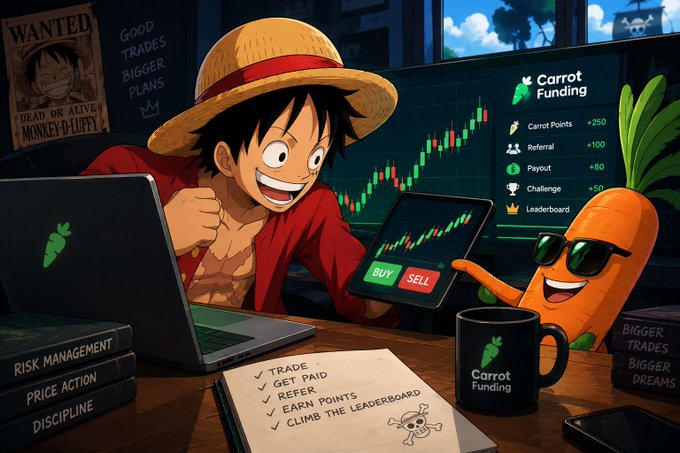 The image shows a cartoon character in a straw hat (resembling a One Piece-style trader) excitedly viewing a candlestick chart on a laptop and tablet displaying the "Carrot Funding" platform, with a "BUY/SELL" interface and a smiling carrot mascot in sunglasses beside a checklist of tasks (Trade, Get Paid, Refer, Earn Points, Climb the Leaderboard) and books labeled "Risk Management," "Price Action," and "Discipline."

The visual reinforces the post's message by illustrating the gamified progression system of Carrot Funding—transforming trading milestones into a rewarding, adventure-style journey from passing challenges to climbing leaderboards.