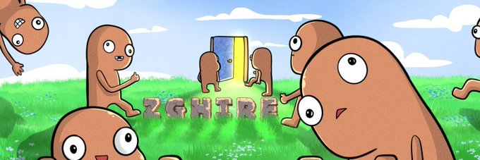 A cartoon-style scene of brown blob-like characters with big eyes gathered around a glowing yellow portal in a grassy field, with stylized text 'ZGKIRF' displayed in the center.
