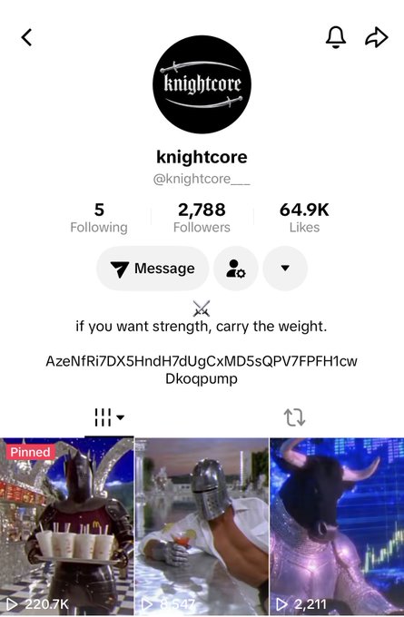 A TikTok profile page for 'knightcore' (@knightcore__) with 2,788 followers and 64.9K likes, bio reading 'if you want strength, carry the weight', showing a crypto wallet address and a pinned video with 220.7K views.