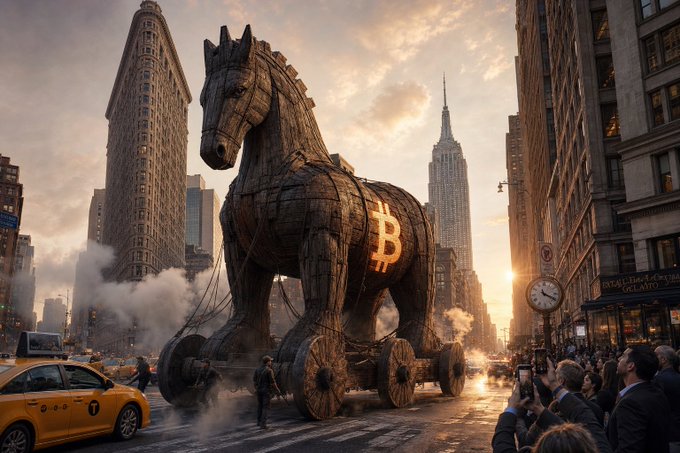 A massive Trojan horse emblazoned with the glowing Bitcoin "₿" symbol rolls through the streets of New York, with the Empire State Building and Flatiron in the background, visually reinforcing the "Building ₿IG Bitcoin" theme of crypto's bold, unstoppable rise into the mainstream.