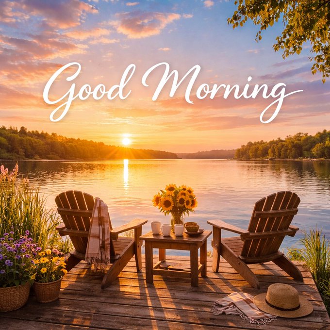 A serene lakeside scene at sunset with two wooden Adirondack chairs, a small table with coffee cups and sunflowers, and the cursive text 'Good Morning' overlaid.