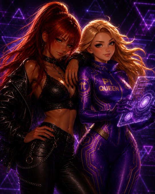 A stylized digital illustration of two women: one with red hair in black leather, and a blonde woman in a purple suit labeled 'Pi QUEEN' holding a glowing tablet.