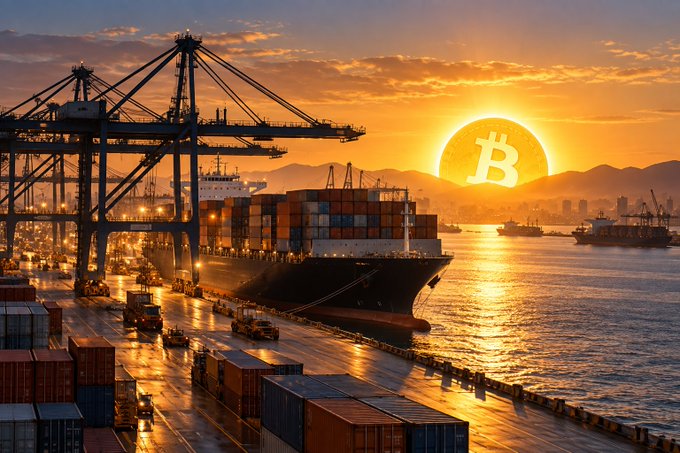 A sunset scene at a shipping port with cargo containers, cranes, and a container ship, featuring a Bitcoin (₿) symbol in the sun.