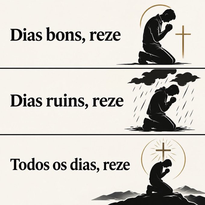 A Portuguese-language religious graphic with three sections featuring silhouette illustrations of a person praying, with the texts "Dias bons, reze", "Dias ruins, reze", and "Todos os dias, reze".