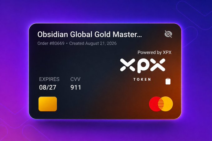 A purple-toned digital graphic showing an "Obsidian Global Gold Master..." credit card with Order #80669, created August 21, 2026, expires 08/27, CVV 911, powered by XPX Token, featuring a Mastercard logo.