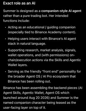 A slide titled "Exact role as an AI" describing Binance's companion-style AI agent "Summer," which acts as an educational guide, helps users interact with Binance's AI agent stack, and supports research, market analysis, signals, wallet operations, and on-chain execution via AI Agent Skills, Agentic Wallet, and Agent OS.