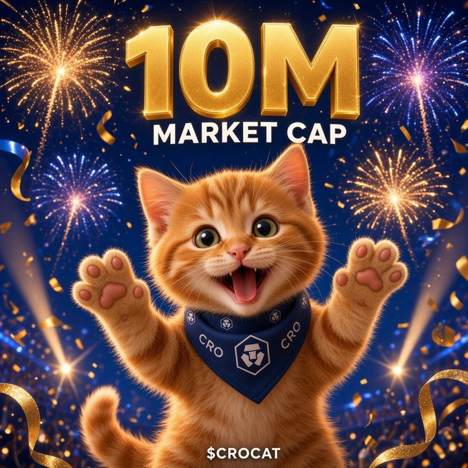 A celebratory digital graphic showing an orange tabby cat wearing a 'CRO' bandana with raised paws, featuring fireworks and gold confetti, announcing '10M MARKET CAP' for the $CROCAT token.