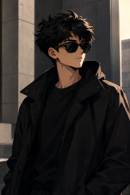 An anime-style illustration of a young man with messy dark hair wearing black sunglasses and a black jacket over a black shirt, standing against a concrete wall in warm sunlight.
