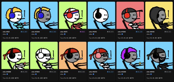 A grid of 12 NFT profile picture (PFP) avatars from the "mfers" collection, featuring minimalist cartoon characters with various headphones, sunglasses, hats, and accessories against colorful backgrounds, each displaying a unique ID number, ranking score, and a "Top offer" ranging from 0.150 to 0.172 WETH.