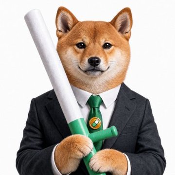 A Dogecoin mascot in a business suit holds a green-and-white baton or tube, visually tying into the post about $baton and $pill Holder Rewards onboarding nearly 30,000 new $PUMP holders.
