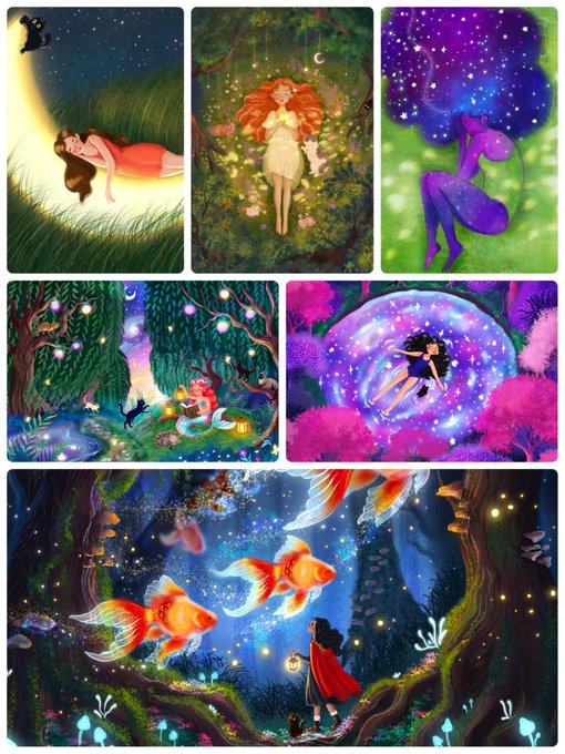 A series of whimsical, colorful digital illustrations depicting ethereal figures, glowing forests, a girl in a floating sphere, and goldfish swimming through a magical underwater realm.