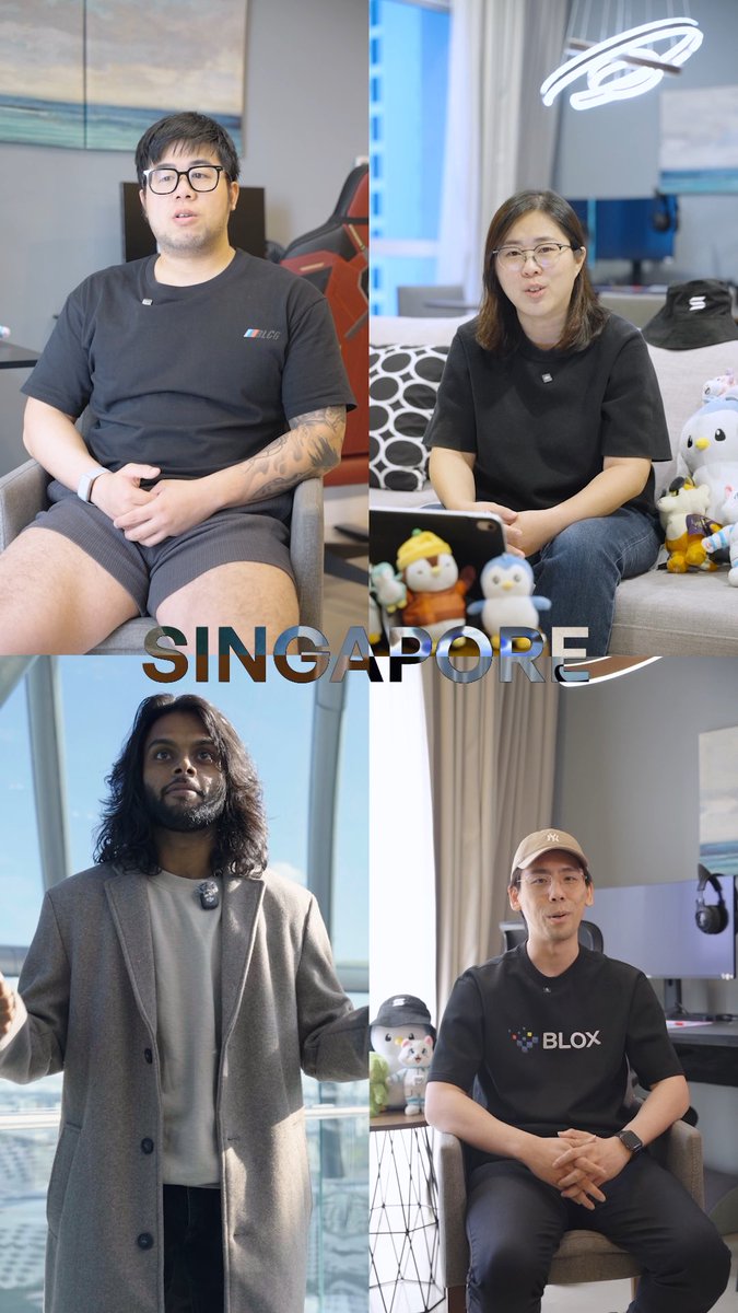 A promotional image with 'SINGAPORE' text features four people in separate video call-style frames, including two wearing BLOX branded clothing.