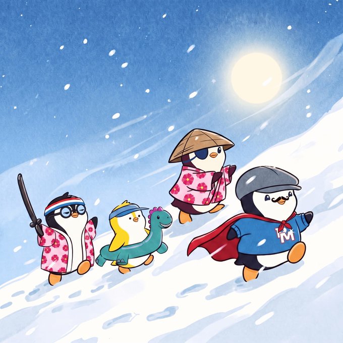 An illustration of cute penguin characters dressed in colorful clothing walking through a snowy landscape under a bright sun and starry sky.