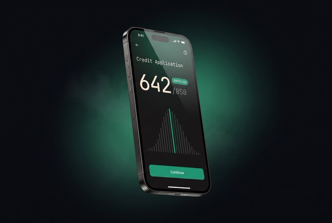 A smartphone displays a Credit Application screen showing a score of 642/850 labeled 'EXCELLENT' with a bell curve graph and a 'Continue' button.