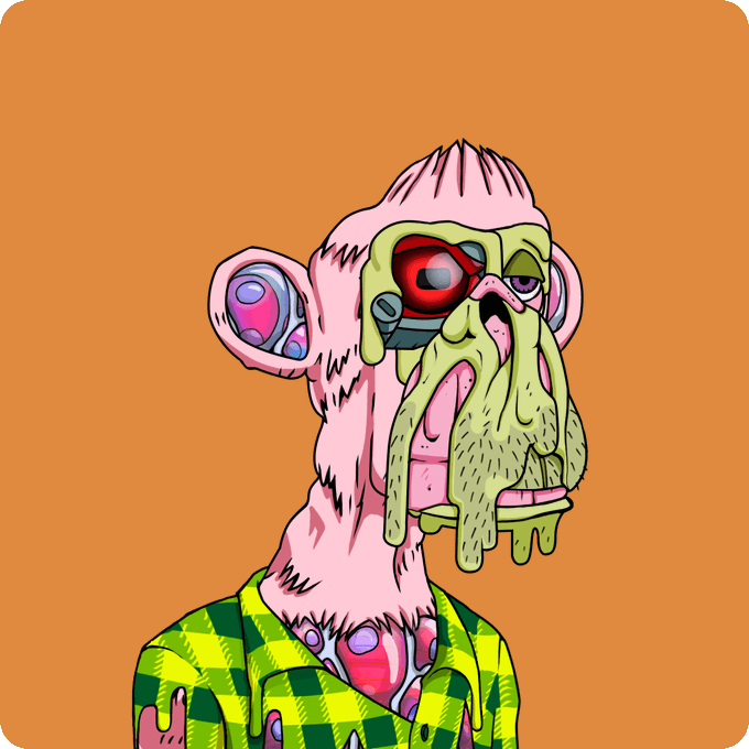 A cartoon illustration of a grotesque, decaying pink-furred ape character with a red mechanical eye and dripping green slime over its face, wearing a green checkered shirt against an orange backdrop.