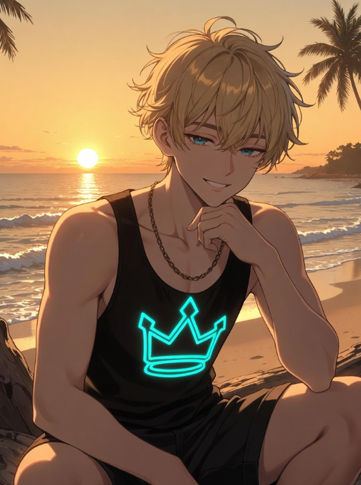 The image features a young man sitting on a rock by the ocean at sunset with his hands on his face. The sun is setting, casting an orange glow over the scene. The man's attire consists of a black tank top that has a crown design on it and shorts. The caption reads "Good morning What caught my attention about @quipnetwork is that they are building a decentralized computing model for the quantum age instead of letting excess CPU/GPU go to waste."