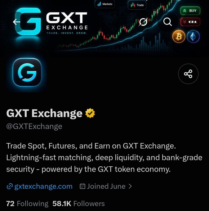 The image displays a verified Twitter/X profile for "GXT Exchange" (@GXTExchange), a cryptocurrency exchange advertising spot and futures trading, with 58.1K followers and a link to gxtexchange.com. This official-looking branding directly contrasts with the accompanying post's bold accusation of "SCAM," suggesting the user is warning followers that the polished image and verified badge don't guarantee legitimacy.