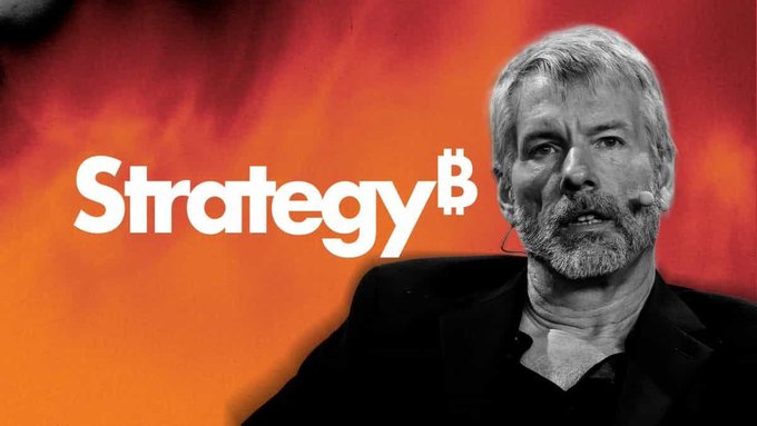 A promotional image with the text 'Strategy$' next to a black-and-white portrait of a bearded man (Michael Saylor) set against a fiery orange and red background.