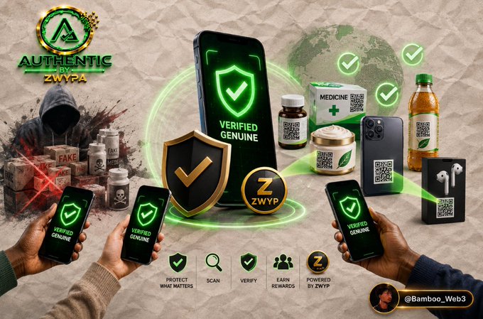 Promotional graphic for 'Authentic by ZWYP' showing a verified genuine product authentication service, featuring phones displaying 'Verified Genuine' shields, various products with QR codes, and a 'FAKE' marked product on the left, with hashtags including @Bamboo_Web3.